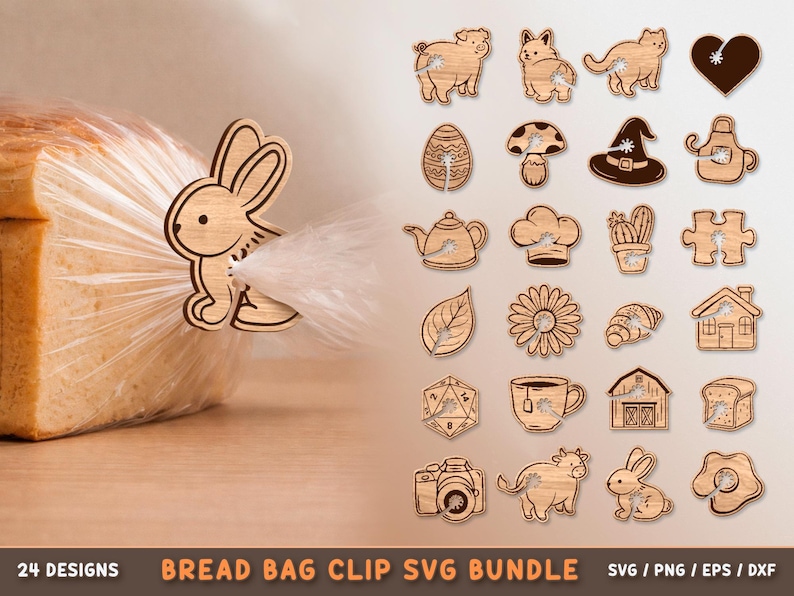 May include: A wooden bunny bread bag clip securing a clear plastic bag of bread. The image also displays 24 other wooden cut-out designs, including animals, food items, and other shapes. The text "BREAD BAG CLIP SVG BUNDLE" is at the bottom.