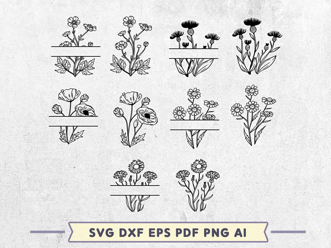 Wildflower Line Art SVG Bundle: Floral Monogram Frames (digital ...