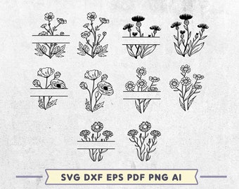 May include: A set of nine black and white floral designs with a split monogram space. The designs feature various flowers, including daisies, poppies, and thistles.