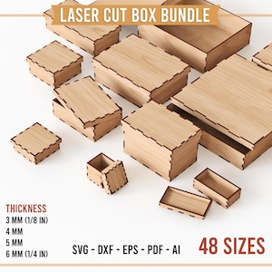 May include: A collection of light-colored wooden boxes with laser-cut finger joints in various rectangular and square sizes. The text LASER CUT BOX BUNDLE, 48 SIZES, and thicknesses of 3 mm (1/8 in) to 6 mm (1/4 in) are visible on the image.