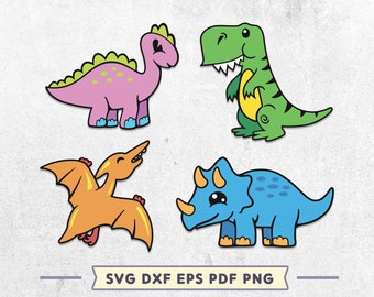 May include: A set of four cartoon dinosaur illustrations. The dinosaurs are a pink brachiosaurus, a green T-Rex, an orange pterodactyl, and a blue triceratops.