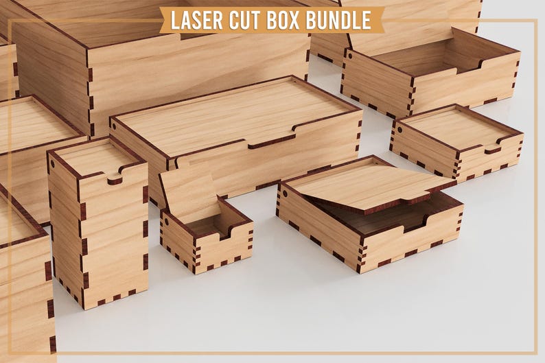 May include: A collection of laser-cut wooden boxes in various sizes and shapes. The boxes are light brown with darker brown accents and feature a slotted design. The text "LASER CUT BOX BUNDLE" is at the top.