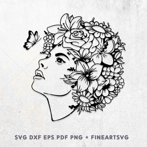 Floral femme SVG, svg de visage de femme, Cricut Silhouette Glowforge fichiers, été fille chemise svg coupe design, dessin au trait femme, fleur fille svg