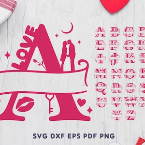 Valentine Split Monogram Alfabet SVG Cut Files, 26 Letters Initial Voor Valentine's Day, Cricut &Silhouette Gepersonaliseerde Valentijn Design