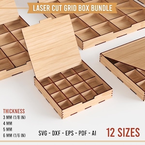 Peut inclure: Un ensemble de boîtes à grille découpées au laser en bois clair avec couvercles à charnières et séparateurs internes. Le texte indique LASER CUT GRID BOX BUNDLE, THICKNESS 3 MM, 4 MM, 5 MM, 6 MM, 12 SIZES, et SVG - DXF - EPS - PDF - AI.
