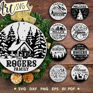 Christmas Round Door Sign SVG File. Personalized family door hanger design for Cricut, Glowforge, and more. Svg Dxf Eps Png Pdf Ai