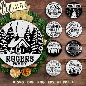 Fichier SVG de plaque de porte ronde de Noël. Accroche-porte familial personnalisé pour Cricut, Glowforge et plus encore. Svg Dxf Eps Png Pdf Ai