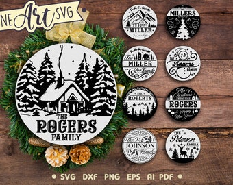 Christmas Welcome Door Sign SVG: Personalized Family Round Hanger (Cut files)