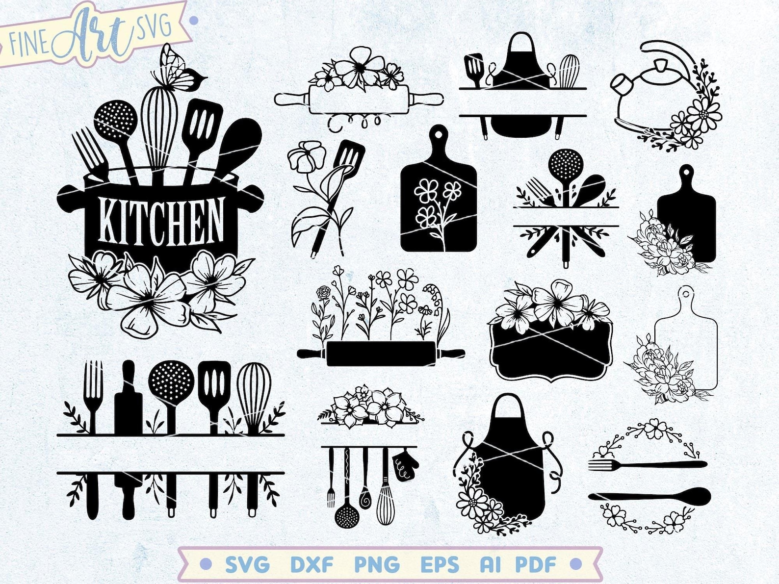 Floral Kitchen Monogram SVG Bundle: Farmhouse Decor Cut Files (digital ...