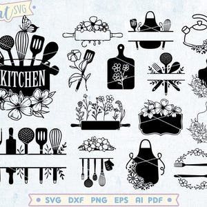 Pacote de Monogramas de Cozinha SVG, Monograma Floral Dividido SVG, Clipart de Utensílios de Cozinha, Arquivos de Corte para Decoração de Cozinha de Fazenda para Cricut e Silhouette