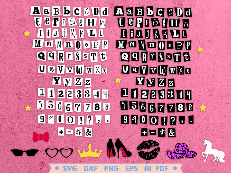 Pode incluir: Um conjunto de adesivos de alfabeto e n&uacute;meros em preto e branco sobre um fundo rosa. Os adesivos s&atilde;o de estilo retro com fundo branco e letras pretas. As letras s&atilde;o mai&uacute;sculas e min&uacute;sculas. Os n&uacute;meros s&atilde;o de 1 a 8. Tamb&eacute;m h&aacute; sinais de pontua&ccedil;&atilde;o e s&iacute;mbolos. Os adesivos est&atilde;o dispostos em linhas e colunas. A imagem tamb&eacute;m inclui uma estrela, um cora&ccedil;&atilde;o, uma coroa, um par de saltos altos, um par de &oacute;culos, um par de l&aacute;bios, um chap&eacute;u de cowboy e um unic&oacute;rnio.