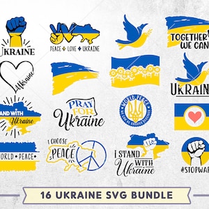 May include: A set of 16 digital SVG files featuring various designs related to Ukraine. The designs include the Ukrainian flag, peace symbols, doves, and slogans like "Stand with Ukraine" and "Pray for Ukraine".