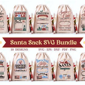 Santa Sack SVG Bundle, Christmas Gift Bag Designs (Cut & Print Files)