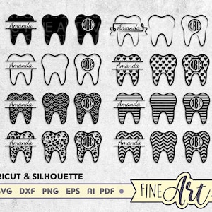 Tooth Monogram Svg Bundle, Dental Monogram svg, 24 Tooth Designs, Tooth Circle et Split Monogram Frame svg, Cricut et Cameo Svg Cut Files