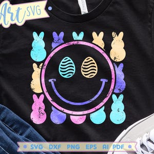 Carinha sorridente de Páscoa SVG PNG | Design de camiseta de coelho com carinha feliz | Clipart fofo de Páscoa desgastado para Cricut, sublimação, camisetas DIY e muito mais