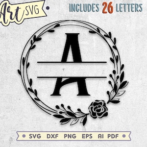Monograma floral dividido SVG - 26 letras redondas arquivos de corte SVG - Design de monograma de casamento - Guirlanda floral personalizada SVG - Download digital