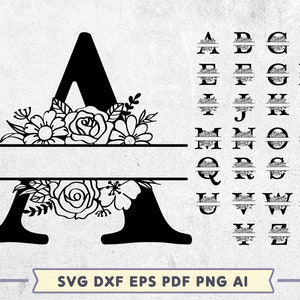 Alfabeto de monograma floral, Monograma dividido SVG Cut Files, Dxf Eps Png, 26 letras mayúsculas florales, monograma de boda Svg, Cricut & Silhouette