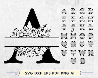 May include: A black and white graphic design of the letter A with floral embellishments. The letter is split in half with a horizontal line. The floral design is above and below the line. The image also includes a full alphabet with the same floral design.