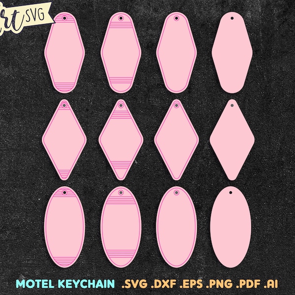 Retro Motel sleutelhanger SVG snijden-bestand, sleutelhanger vorm laserbestand voor Glowforge Cricut, Svg Dxf Eps Png, Trendy blanco sleutelhangers bestand