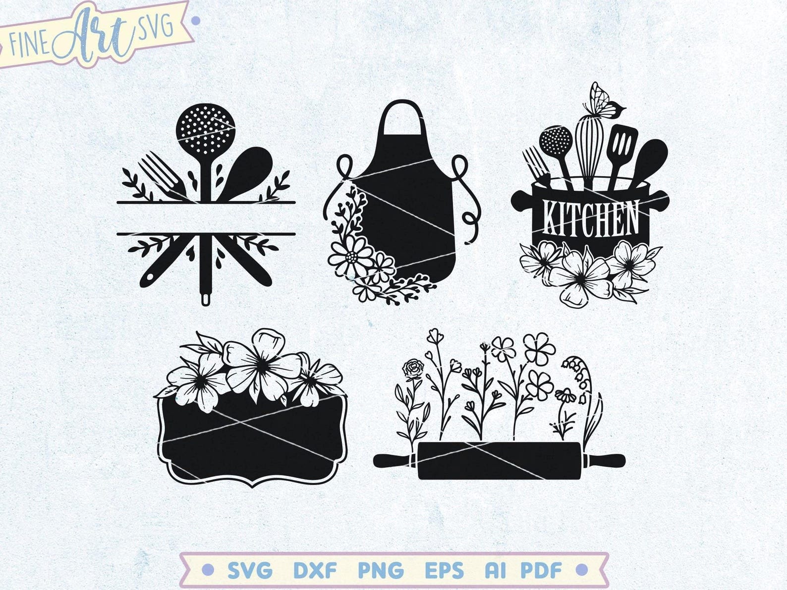 Floral Kitchen Monogram SVG Bundle: Farmhouse Decor Cut Files (digital ...
