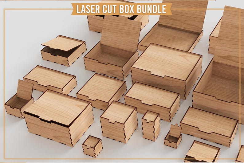 May include: A collection of laser-cut wooden boxes in various sizes, some with open lids. The boxes are light brown with dark brown edges, and the text "LASER CUT BOX BUNDLE" is displayed at the top. The boxes are arranged on a white surface.