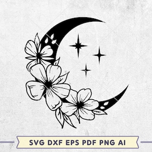 Arquivo de corte SVG de lua floral, lua crescente Svg para Cricut, flores silvestres Svg, Celestial Svg, design de camisa de lua Svg, Boho Moon Svg