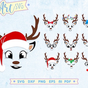 Reindeer Faces SVG Bundle, Christmas Shirt Svg Design, Cute Reindeer Clipart, Cricut Silhouette Glowforge Files, Svg Png Pdf Eps Dxf