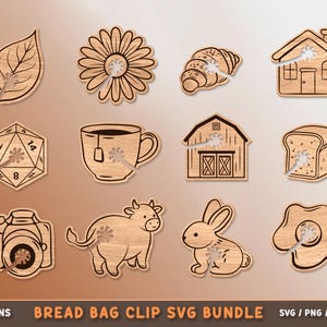 May include: A collection of 12 wooden bread bag clips in various shapes, including a leaf, flower, croissant, house, dice, teacup, barn, bread slice, camera, cow, rabbit, and fried egg. The text "24 DESIGNS BREAD BAG CLIP SVG BUNDLE" is at the bottom.