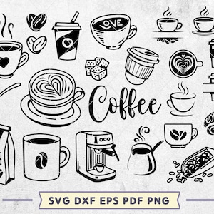 Paquete SVG de café, Clipart de taza de café, 23 diseños de café, Archivo de corte Cricut, Archivo de silueta, Calcomanías de vinilo de café, Taza de café, Uso comercial
