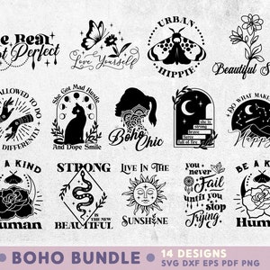 Boho Quotes SVG, 14 inspirerende SVG-ontwerpen voor Cricut & silhouet, motiverende uitspraken SVG-bestanden voor snijden, Boho afdrukbare PNG-bestanden