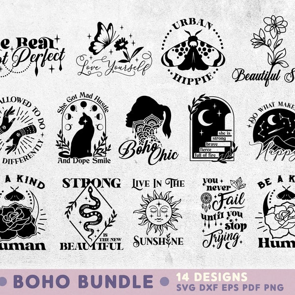 Boho Quotes SVG, 14 Inspirational SVG Designs for Cricut & Silhouette, Motivational Sayings Svg Cutting Files, Bohemian Printable PNG Files