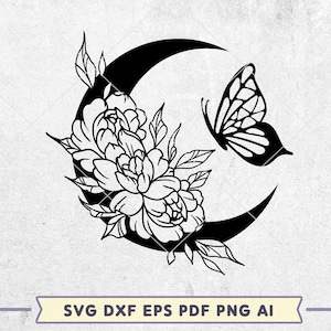 Moon Roses svg, Butterfly svg, Moon Flower Svg For Cricut, Wildflower Svg, Celestial Svg, Moon Shirt Svg Design, Boho Moon vector