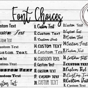 May include: A list of 31 different font choices for custom text. The fonts are numbered 1 through 31 and each font is displayed with the text "Custom Text".