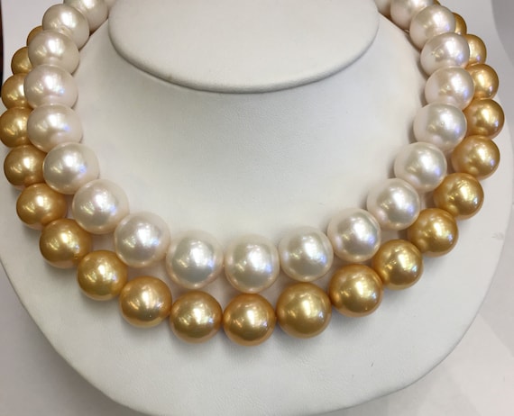 Gold and White Pearl Chokers 14x12mm Cultured Freshwater Pearls 17" . 2, 14k Gold Clasps