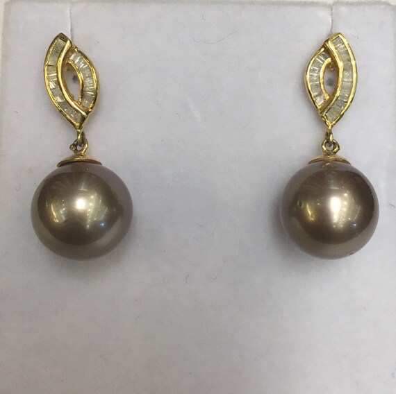 12.5mm Tahitian South Sea Pearl Earrings 14k Gold .50TDW