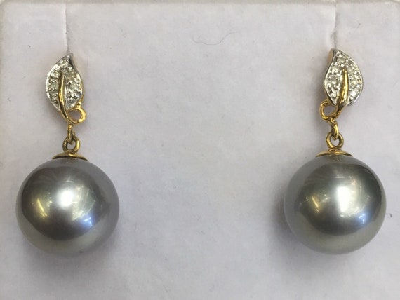 12.5mm Tahitian South Sea Pearl Earrings 14k Gold .15 TDW