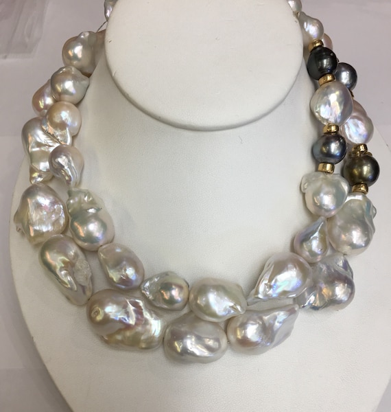 2 Strands Baroque Cultured Freshwater with aTahitian South Sea Pearls 16.5" and 17.5"Silver Clasp and Matching earrings