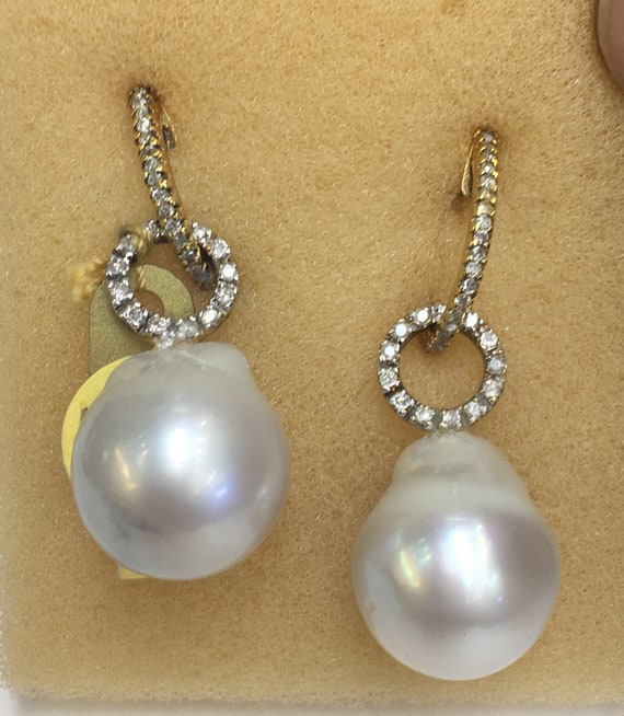 12.3mm Tahitian South Sea Pearl Earrings 14k Gold .50 TDW