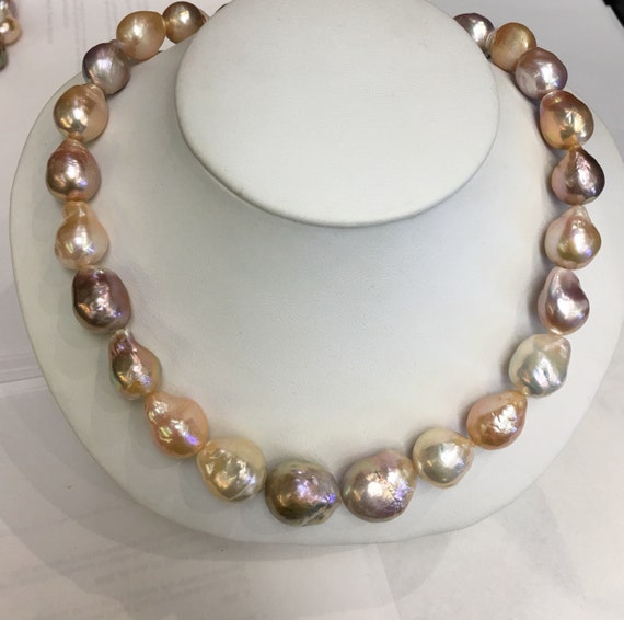 Multi Color Baroque Cultured Freshwater Pearls 12x15mm Great Colors 17" 14k Gold Clasp