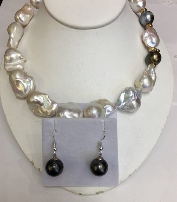 Baroque Cultured Freshwater Pearls 20" Silver Clasp and Matching earrings