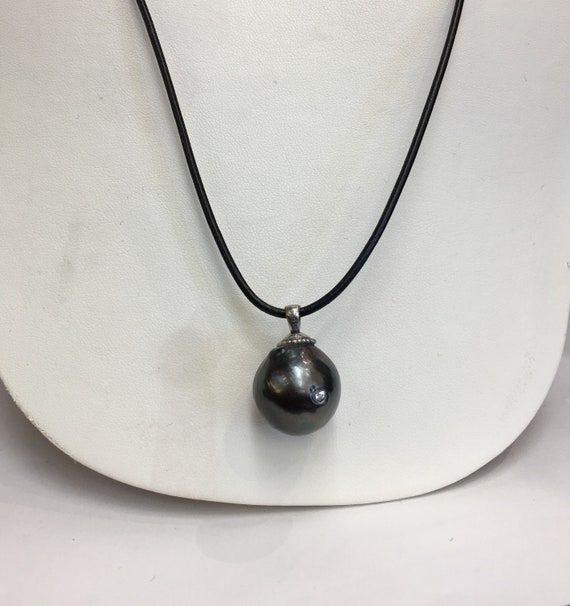 17mm Tahitian South Sea Pearl and Diamonds Pendant Leather Cord Adjustable Length Leather Cord Tahitian Pearls appr diamond weight .40 ct