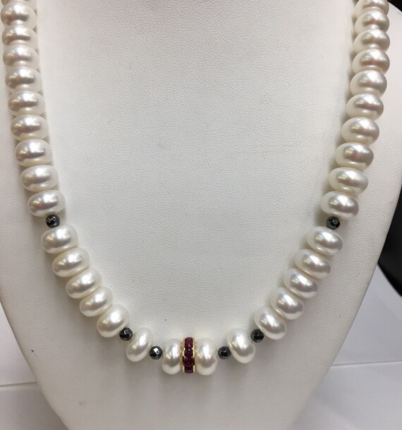 18k Yellow Gold and Ruby Center 10.5mm Button Shape Cultured aFreshwater Pearls 20" with Faceted Hematite