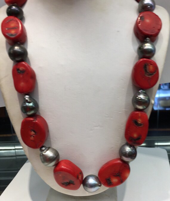 Tahitian Pearl and Sponge Coral Necklace 17mm Pearls 30mm Coral