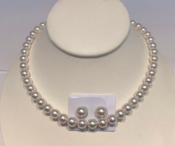 Aloyq Pearls Fine Quality 8x8.5mm with Matching 9.5mm Earrings