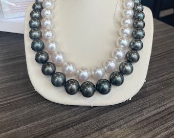 2 Strands Fine Quality Tahitian and Australian South Sea Pearls  Necklace 11x14.9mm and 14k Gold Ball Clasp.