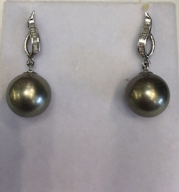 12.8mm Tahitian South Sea Pearl Earrings 14k Gold .15 TDW