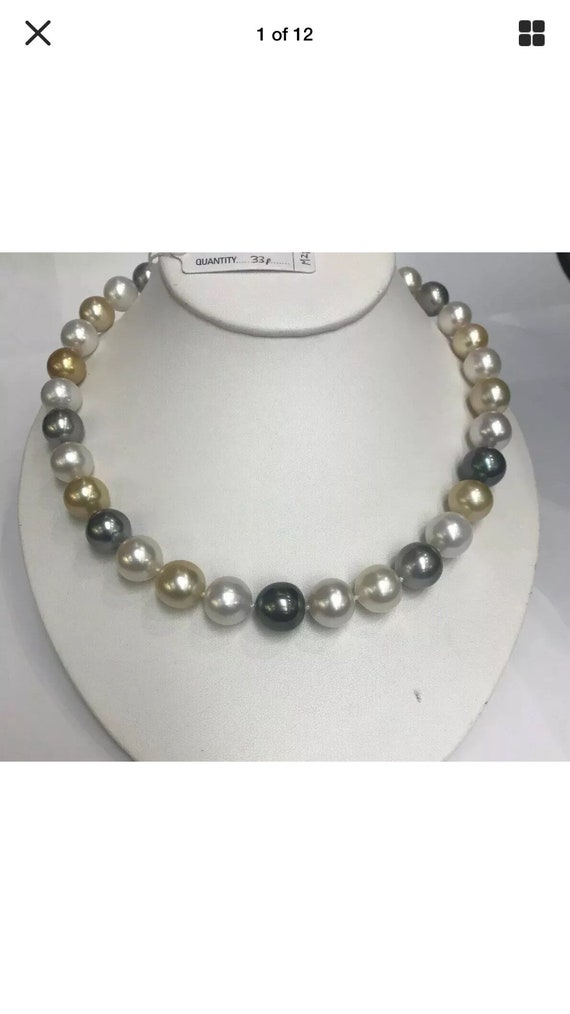 Multi Color South Sea Pearls 12x13.9mm Natural Colors 17" Gold and Diamond Clasp