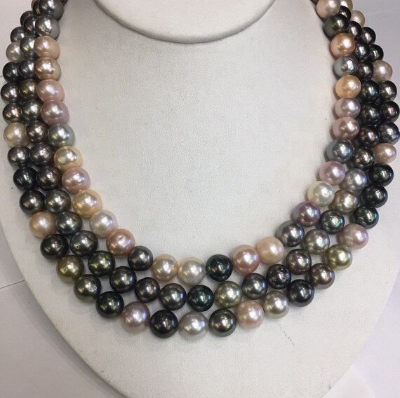 9x10mm Multi Color Tahitian and Freshwater Pearls Natural Colors Beautiful Colors 3 Strands 3 14k Gold Clasps Can connect