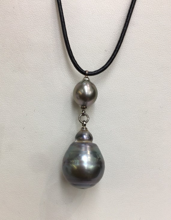 22x17mm Tahitian South Sea Pearl Pendant Leather Cord Adjustable Length hanging from 10mm Tahitian Pearls