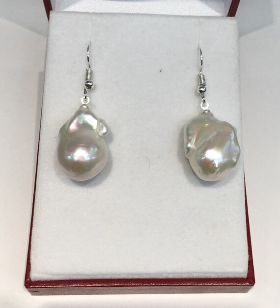 Very Large Baroque Cultured Freshwater Pearls and Silver Earrings Great Luster Great Color